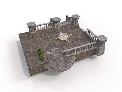 Stone Platform Design With Railing Circular Pattern Stone Slab Floor And Small Plants 3d model