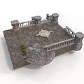 Stone Platform Design With Railing Circular Pattern Stone Slab Floor And Small Plants 3d model