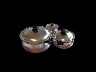 Three Silver Stainless Steel Cooking Pots With Black Lids And Heat Resistant Handles 3d model