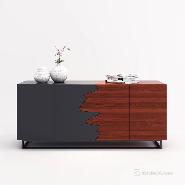 Modern Sideboard With Black Wooden Irregular Pattern White Vases Pink Flowers And Stacked Books 3d model 