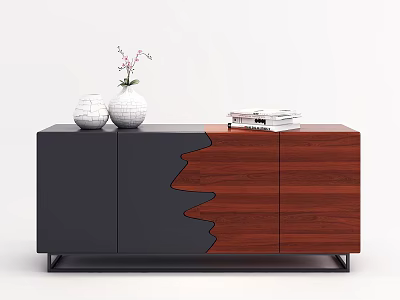 Modern Sideboard With Black Wooden Irregular Pattern White Vases Pink Flowers And Stacked Books 3d model