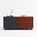 Modern Sideboard With Black Wooden Irregular Pattern White Vases Pink Flowers And Stacked Books