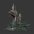 Weathered Wood And Stone Tree Stump Decor With Broken Texture And Green Moss