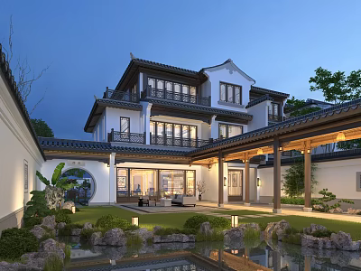 Traditional Chinese Detached Villa With Courtyard Garden Pond And Wooden Pavilion 3d model