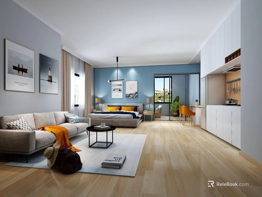 Modern Apartment Interior With Living Room Bedroom Open Kitchen Light Wooden Flooring And Blue Walls 3d model 