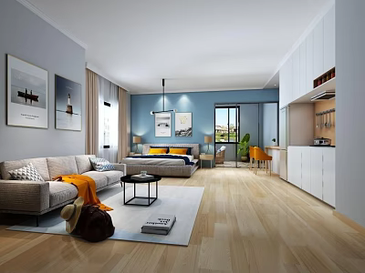 Modern Apartment Interior With Living Room Bedroom Open Kitchen Light Wooden Flooring And Blue Walls 3d model