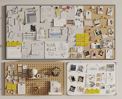 Organized Musical Instruments And Art Supplies On Creative Office Inspiration Board With Notes And 3d model