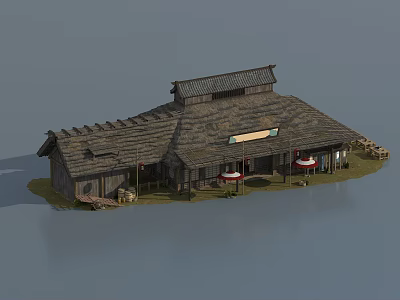 Ancient Architecture With Sloped Wooden Roof Red Umbrellas And Stone Base 3d model