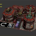 Cartoon Industrial Scene With Buildings Red Roofs Red Star Symbols Blue Crates And Loading Area