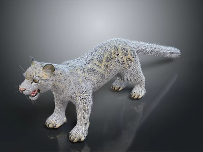 Snow Leopard 3D Model With Gray White Fur Black Spots Open Mouth Black Background 3d model