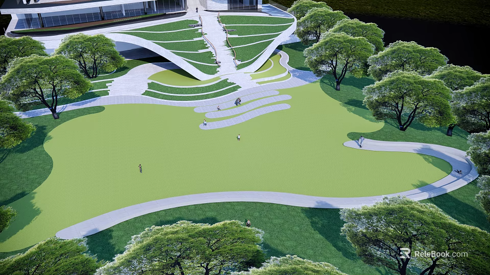 Modern Garden Landscape With Green Lawn Curved Pathways Geometric Structures And People Walking 3d model 