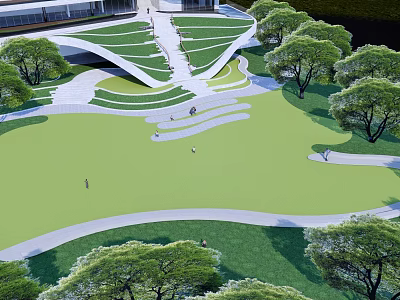 Modern Garden Landscape With Green Lawn Curved Pathways Geometric Structures And People Walking 3d model