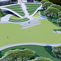 Modern Garden Landscape With Green Lawn Curved Pathways Geometric Structures And People Walking