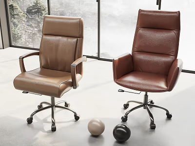 Modern Brown Leather Office Chairs With Ergonomic Design And Swivel Metal Base In Bright Interior 3d model
