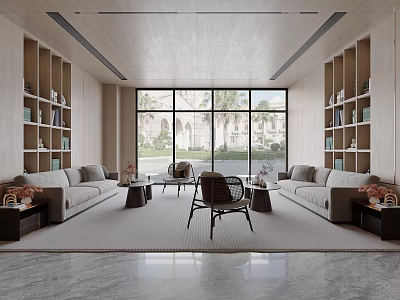Modern Living Room Interior With Large Windows Bookshelves Sofa And Coffee Table 3d model