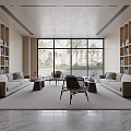 Modern Living Room Interior With Large Windows Bookshelves Sofa And Coffee Table