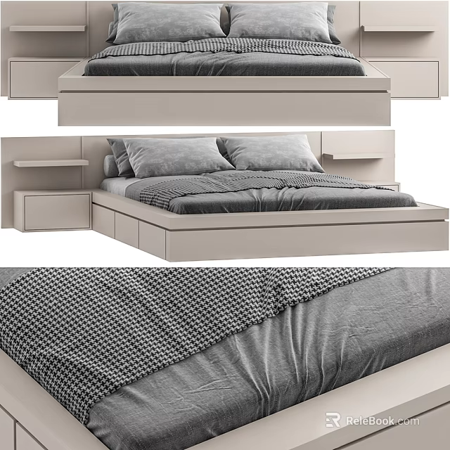 Modern Double Bed Design With Gray Mattress Drawers And Side Tables 3d model 