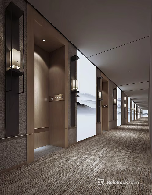 Elegant Modern Hotel Corridor Interior With Wooden Walls Wall Lamps And Landscape Decorations 3d model 
