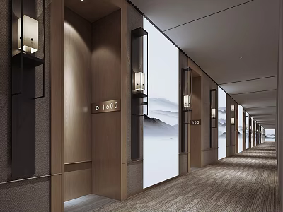 Elegant Modern Hotel Corridor Interior With Wooden Walls Wall Lamps And Landscape Decorations 3d model