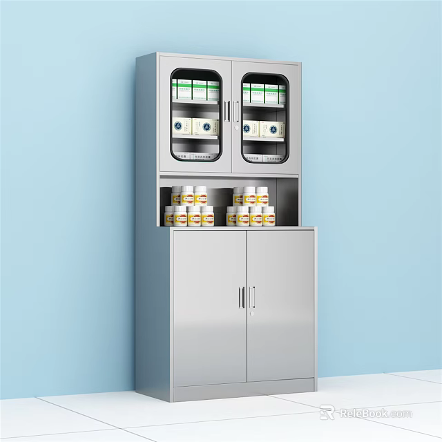 Stainless Steel Medical Storage Cabinet With Glass Doors And Yellow Lid Containers 3d model 