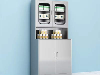 Stainless Steel Medical Storage Cabinet With Glass Doors And Yellow Lid Containers 3d model