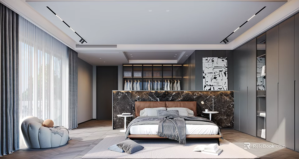 Modern Bedroom Interior With Marble Headboard Wall Wardrobe Nightstand Lamp And Rug 3d model 