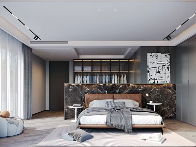 Modern Bedroom Interior With Marble Headboard Wall Wardrobe Nightstand Lamp And Rug 3d model