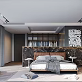 Modern Bedroom Interior With Marble Headboard Wall Wardrobe Nightstand Lamp And Rug