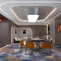 Modern Lounge Interior With Gray Sofa Orange Chairs Wooden Table And Patterned Carpet Lighting