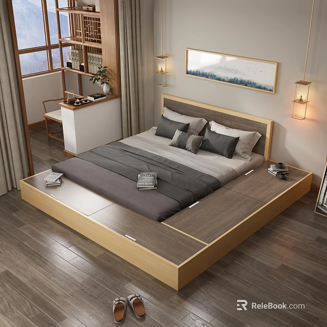 Modern Tatami Bedroom with Wooden Frame Storage Gray White Pillows Wall Art and Pendant Lights 3d model 