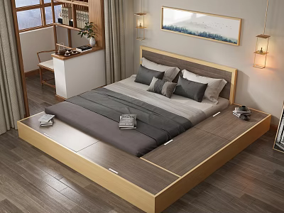 Modern Tatami Bedroom with Wooden Frame Storage Gray White Pillows Wall Art and Pendant Lights 3d model