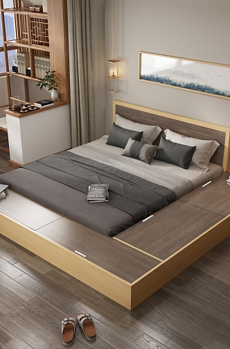 Japanese-style bedroom tatami bed combination 3d model