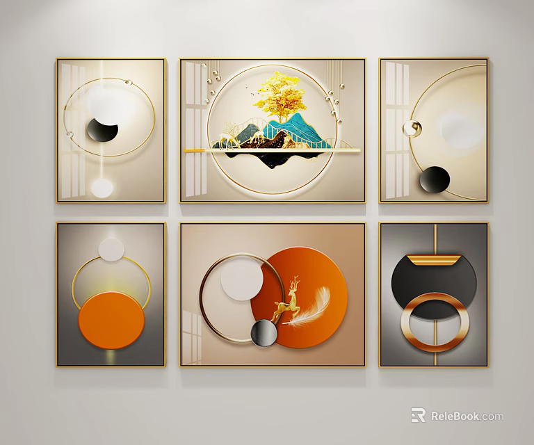 Modern Decorative Wall Art Paintings With Geometric Circles Nature Elements Gold Frames 3d model 