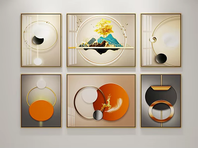 Modern Decorative Wall Art Paintings With Geometric Circles Nature Elements Gold Frames 3d model