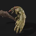 Green Monster Game Movie Character With Large Ears Red Eyes Sharp Teeth Holding Giant Club