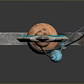 Intricate Long Handled Weapon With Metallic Shaft Blue Orange Accents And Decorative Parts