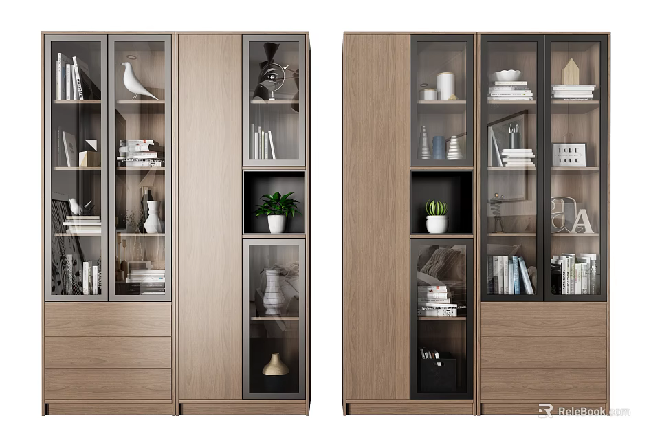 Modern Wooden Bookcase With Glass Doors And Decorative Books Plants Decorations 3d model 