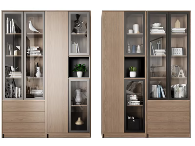 Modern Wooden Bookcase With Glass Doors And Decorative Books Plants Decorations 3d model
