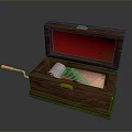 Vintage Wooden Music Box Open With Red Interior Lining And Hand Crank Metal Cylinder
