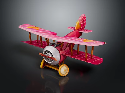 Red Vintage Biplane Model With Yellow Accents And Silver Propeller Toy Airplane 3d model