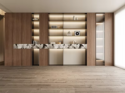 Modern Wooden Bookcase With Glass Doors Marble Countertop And Interior Lighting 3d model