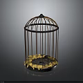 Decorative Metal Birdcage Equipment With Yellow Flowers On Dark Background