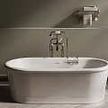 Elegant Freestanding White Bathtub In Modern Bathroom With Gray Walls Wooden Floor And Towel Shelf