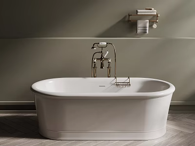 Elegant Freestanding White Bathtub In Modern Bathroom With Gray Walls Wooden Floor And Towel Shelf 3d model