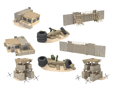 Industrial Equipment Models With Small Buildings Concrete Walls Tires And Sentry Posts 3d model