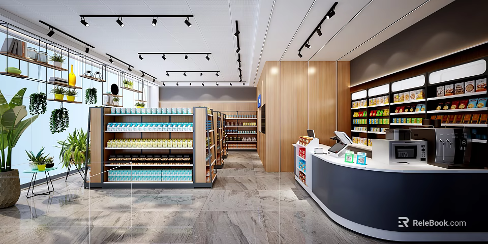 Supermarket Department Store Interior with Organized Shelves of Products and Modern Checkout Counter 3d model 