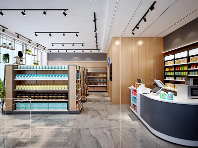 Supermarket Department Store Interior with Organized Shelves of Products and Modern Checkout Counter 3d model