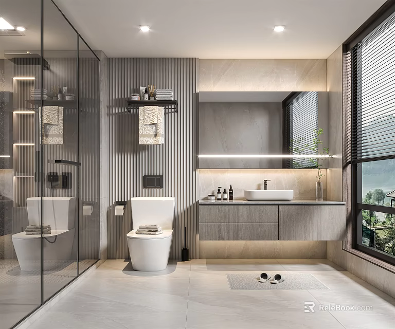 Modern Bathroom Interior Design with Glass Shower Toilet Vanity Sink Mirror and Blinds 3d model 