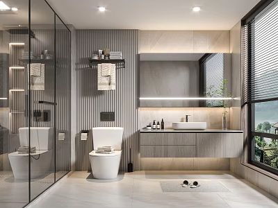 Modern Bathroom Interior Design with Glass Shower Toilet Vanity Sink Mirror and Blinds 3d model