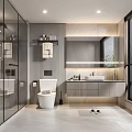 Modern Bathroom Interior Design with Glass Shower Toilet Vanity Sink Mirror and Blinds